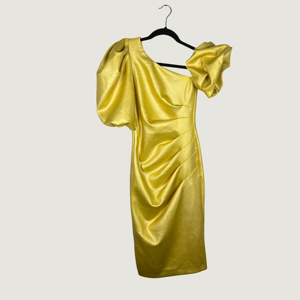 Black Halo Eve Dress Women 2 Yellow One Shoulder Puff Sleeve Ruched Bodycon